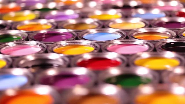 Collection of colored paints cans