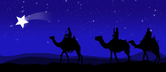 Three kings - wandering in the desert at night against the sky with stars and led by a star