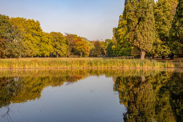 Fototapeta na wymiar Wundervolle Herbstansicht mit Alleen,Teich ,Brücke und bunt gefärbten Bäumen und Blättern in Leipzig