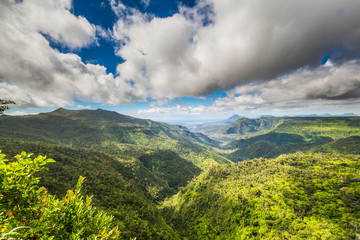 Panoramic view of Black River Gorges National Park, Gorges Viewpoint in Mauritius. It covers an area of 67.54 km including humid upland forest, drier lowland forest and marshy heathland.