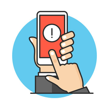recommend clip art: Smartphone notification, mobile alert, warning concepts. Hand holding mobile phone with exclamation point, finger touching screen. Modern flat line design. Vector illustration