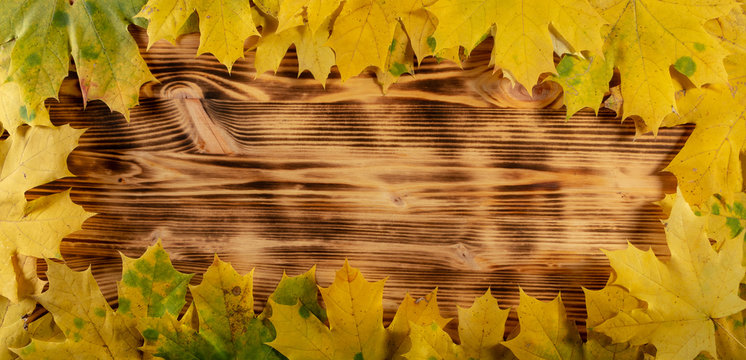 Autumn leaves on wooden table background Frame of autumn
