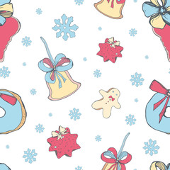 Christmas seamless pattern with elements of traditional decor - sweet color cookies with bows. snowflakes and bells on a white background