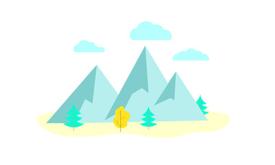 Fototapeta na wymiar Vector mountains in flat style. Clouds over the mountains and trees at the foot
