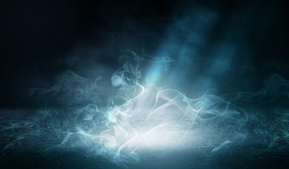 Background of empty street at night, neon light, asphalt, concrete, smoke, smog