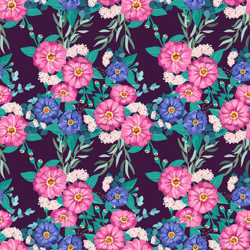 Seamless gorgeous bright pattern in garden flowers of zinnia. Millefleur. Floral background for textile, wallpaper, covers, surface, print, gift wrap, scrapbooking, decoupage.