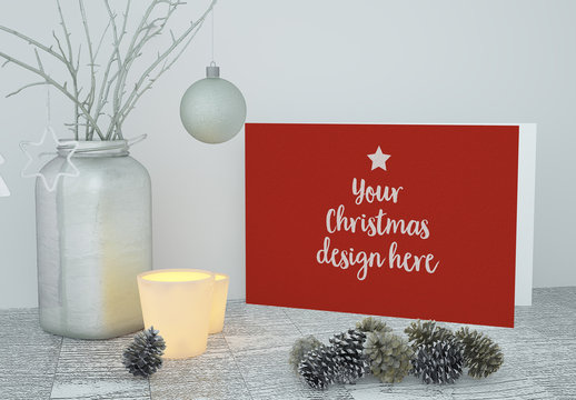 Christmas Card on Table with Decorations Mockup