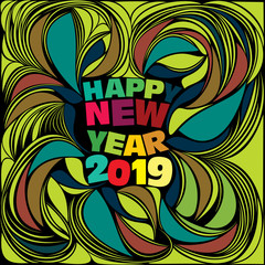 Colorful creative Happy New year 2019 wishes with linear swirl design elements on a black background