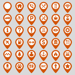 Map pin location icons set on gray background.