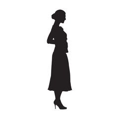 Fototapeta na wymiar Woman standing in high heels shoes with hands in pockets, side view. Isolated vector silhouette