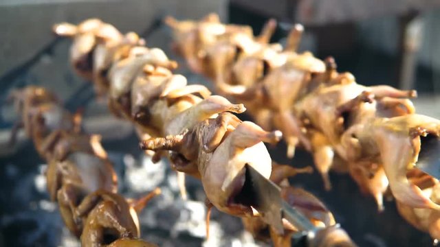 close up cooking barbecue quail bird with spinner on hot coal