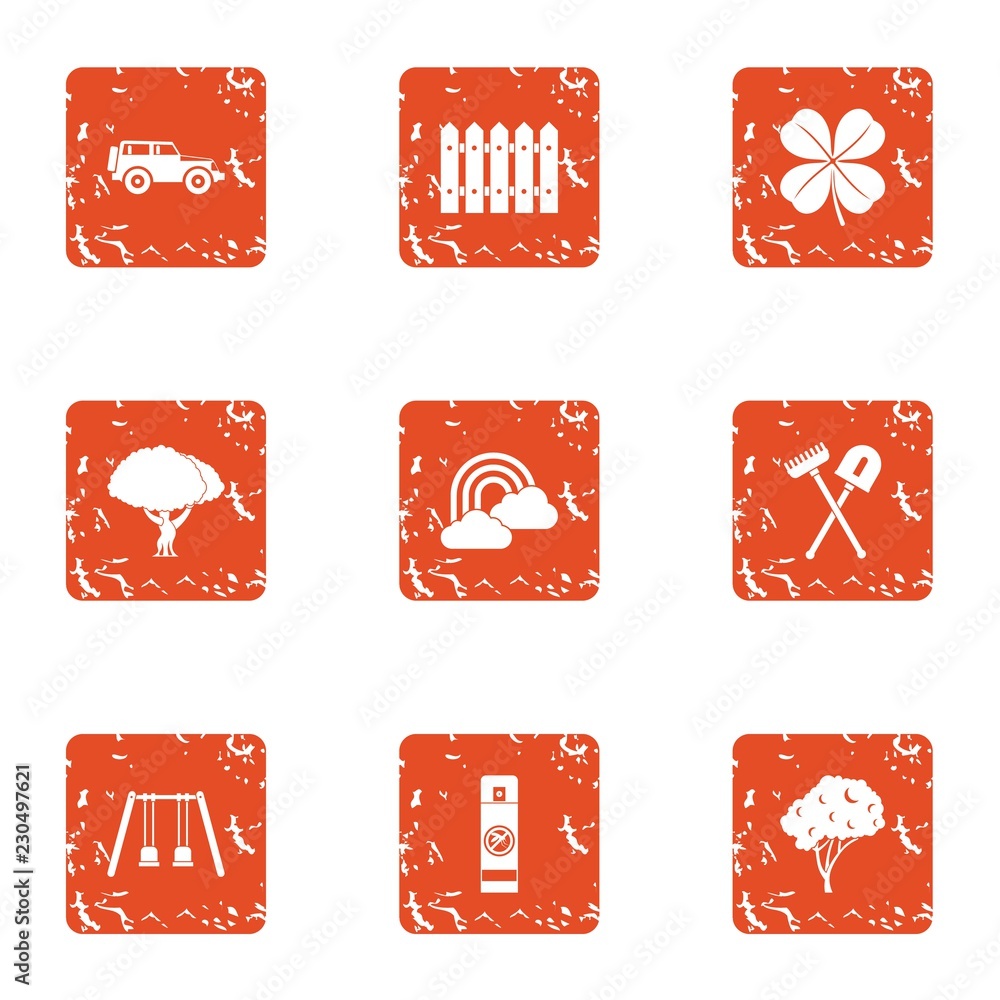Poster front garden icons set. grunge set of 9 front garden vector icons for web isolated on white backgrou