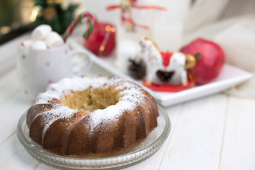 Homemade christmas cake with christmas decoration.