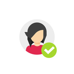 Profile with checkmark icon vector, flat cartoon user account accepted symbol with tick, approved or applied person sign, validation verified pictogram, authorized or choose member isolated