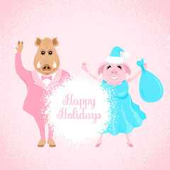 Boar and pig on textured pink