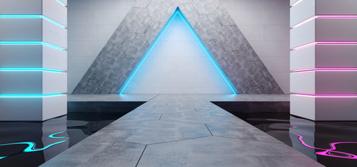 Obraz premium Futuristic Sci Fi Modern Alien Ship Bright Empty Grunge Concrete Room Triangle Shape With Reflective Water Waves And Blue And Purple Glowing Neon Lights Background 3D Rendering