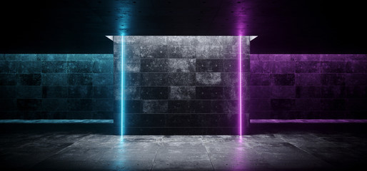 Modern Futuristic Sci Fi Dark Empty Grunge Concrete Room With Empty Space For Text With Purple And Blue Neon Glowing Line Tubes Background Wallpaper 3D Rendering