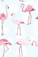 Pink flamingo beautiful exotic birds. Jungle palm tree monstera leaves. Tropical seamless vector pattern. Light blue background. White leaves outline. Trendy fashion illustration.