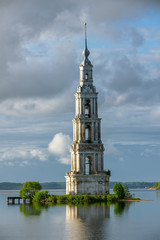 Naklejka premium Kalyazin Bell Tower (Flooded Belfry over waters of Uglich Reservoir on Volga River) as part of Monastery of St. Nicholas, opposite old town of Kalyazin, Tver Oblast, Russia 