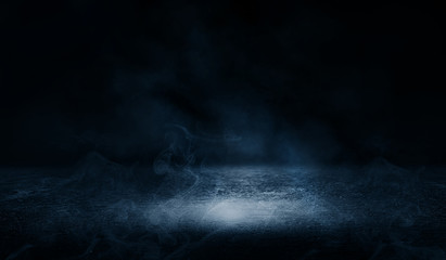 Background of empty street at night, neon light, asphalt, concrete, smoke, smog