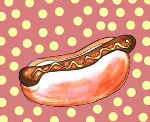 Hand drawn sausage hot dog fast food illustration