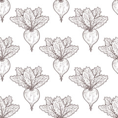 Turnip. Vegetable. Root leaves. Background, wallpaper, seamless, texture. Sketch. Monophonic.