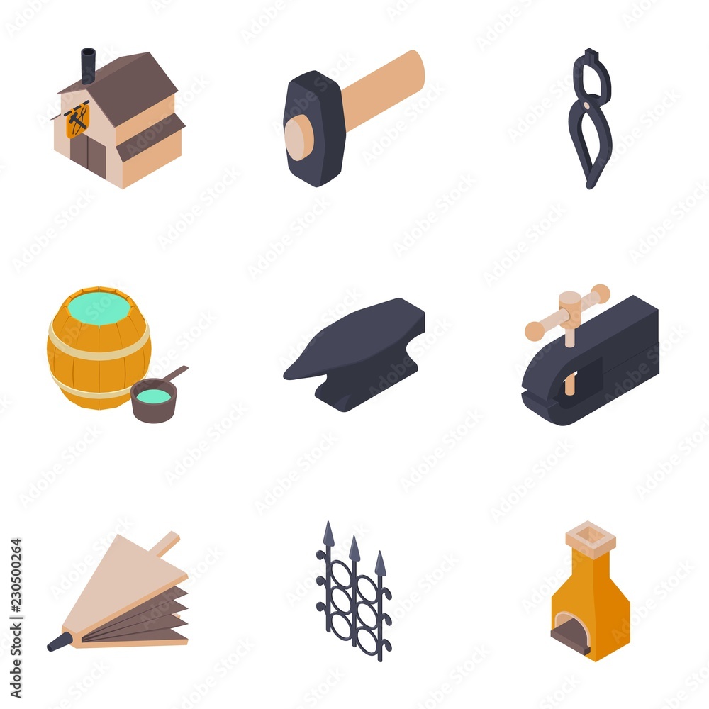 Aufkleber forging house icons set. isometric set of 9 forging house vector icons for web isolated on white bac