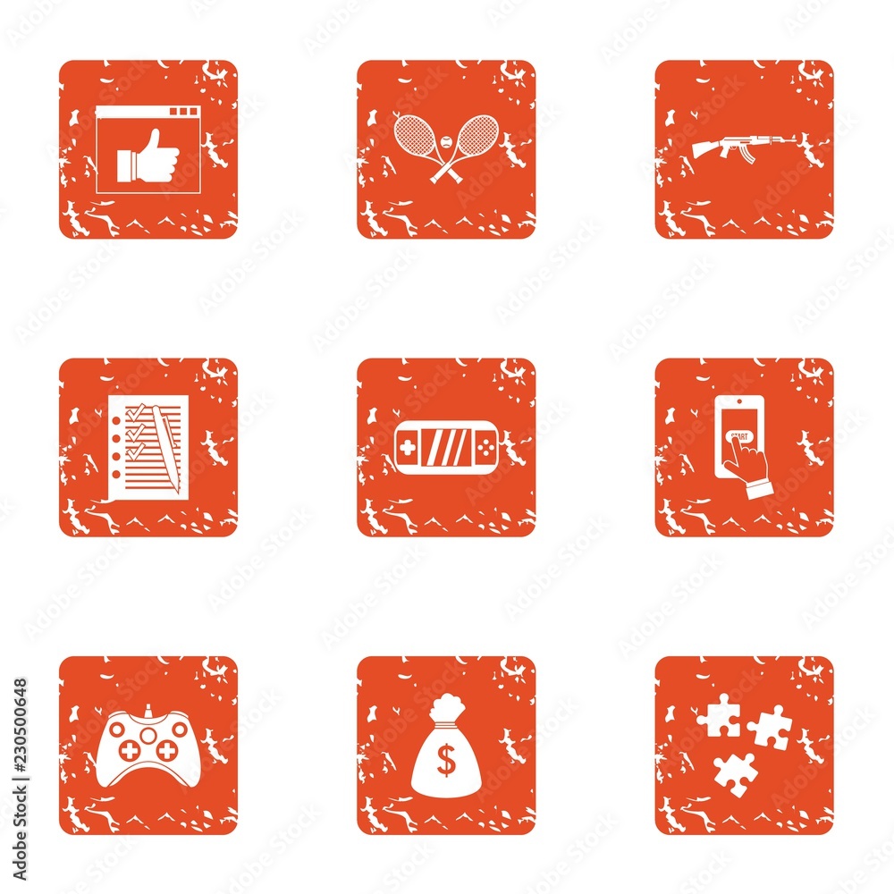 Poster game team icons set. grunge set of 9 game team vector icons for web isolated on white background