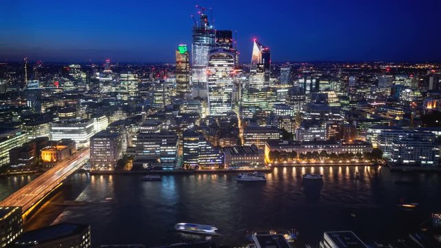 time lapse London sunset, view on business modern district, UK