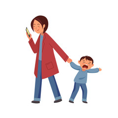 Vector illustration. A young woman holding a smartphone in one hand, the other holding the child's hand. The child is crying and cranky. 