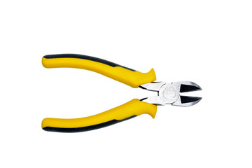 Obraz premium Side cutters with black and yellow isolated handles on white background. Tool isolated on white, top view with clipping path.