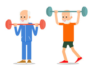 Fototapeta na wymiar Older men perform exercises to barbell lifting. Adult people in various poses with lifting of weight. Physical exercises, training, workout, sport, healthy lifestyle. Flat style illustration