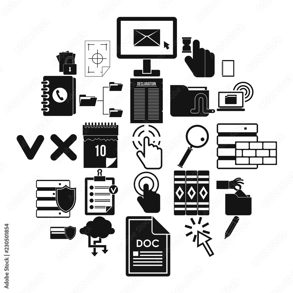 Poster document case icons set. simple set of 25 document case vector icons for web isolated on white backg