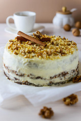 Homemade carrot cake on a wooden table