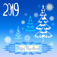 Vector New Year greeting card greeting card with snowflakes and Christmas trees on the abstract background