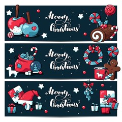 Christmas horizontal banner set with doodle elements and merry christmas lettering. Banners for web or flyer in cute cartoon style.