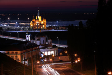 Scenic view of Chapel of St Alexius, NIzhny Novgorod Theological Seminary and Alexander Nevsky Cathedral at night. Long exposure photo
