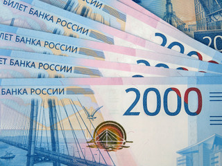 New russian banknotes of 2000 rubles. Concept for economy of Russia, finance, wages and investment