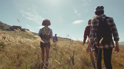 Young people walking through grassy fields in countryside