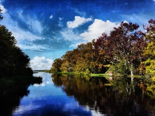 Hand drawing watercolor art on canvas. Artistic big print. Original modern painting. Acrylic dry brush background. Wonderful autumn landscape. Travel view. Charming wild nature.