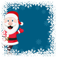 Santa Claus waves his hand in a Christmas frame of white snow.