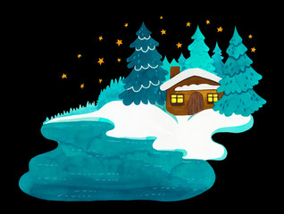 winter cozy house with snow and stars