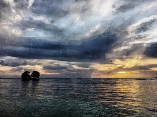 Hand drawing watercolor art on canvas. Artistic big print. Original modern painting. Acrylic dry brush background. Wonderful sea sunset landscape. Travel view. Charming wild nature.