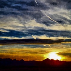 Hand drawing watercolor art on canvas. Artistic big print. Original modern painting. Acrylic dry brush background. Wonderful sunset landscape. Travel view. Charming wild nature.