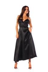 Fototapeta premium Full body, Young beautiful brunette woman in long black dress