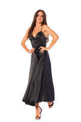 Full body, Young beautiful brunette woman in long black dress