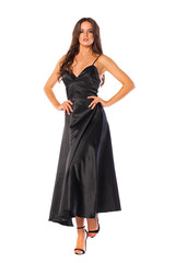Naklejka premium Full body, Young beautiful brunette woman in long black dress