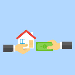 Fototapeta na wymiar Hand with money and hand with house. Sale of real estate. Vector illustration .
