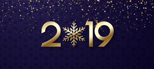 Purple shiny Happy New Year 2019 banner with gold snowflake.
