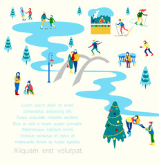 Fototapeta premium Winter poster with people walking outdoors in park.